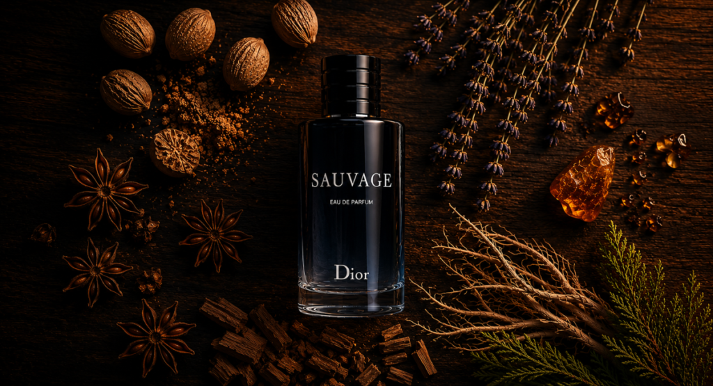 Dior Sauvage EDP fragrance notes — bottle with nutmeg, anise and amber on dark wood