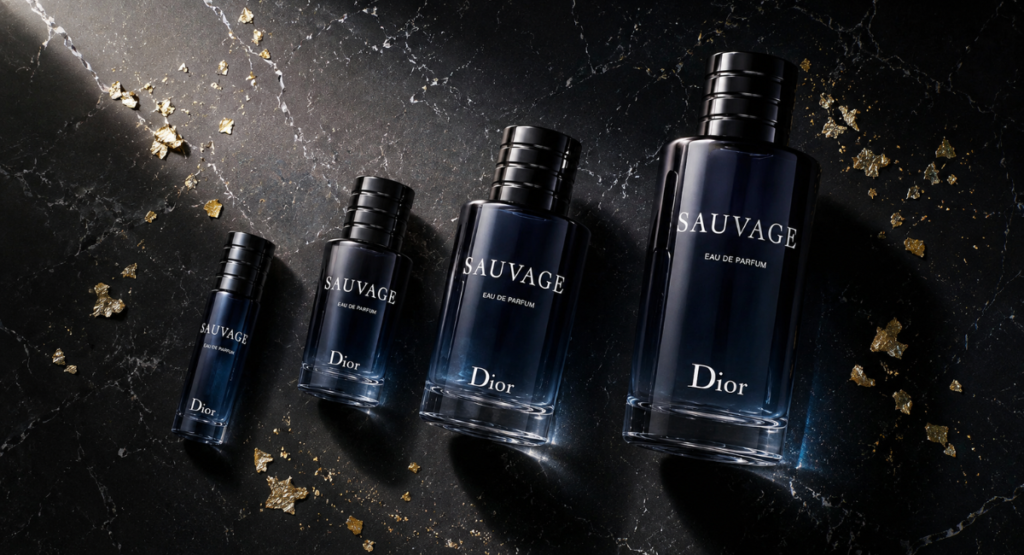 Dior Sauvage EDP all bottle sizes arranged on dark marble surface