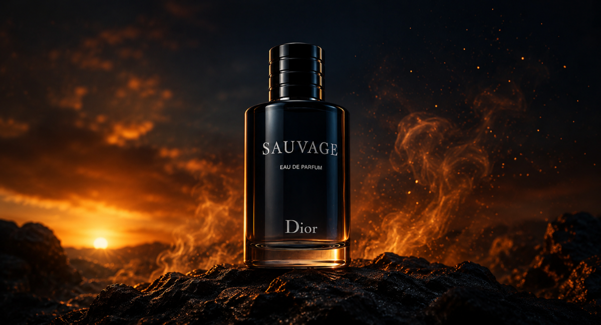 Dior Sauvage EDP review 2026 — bottle on dark volcanic rock at twilight