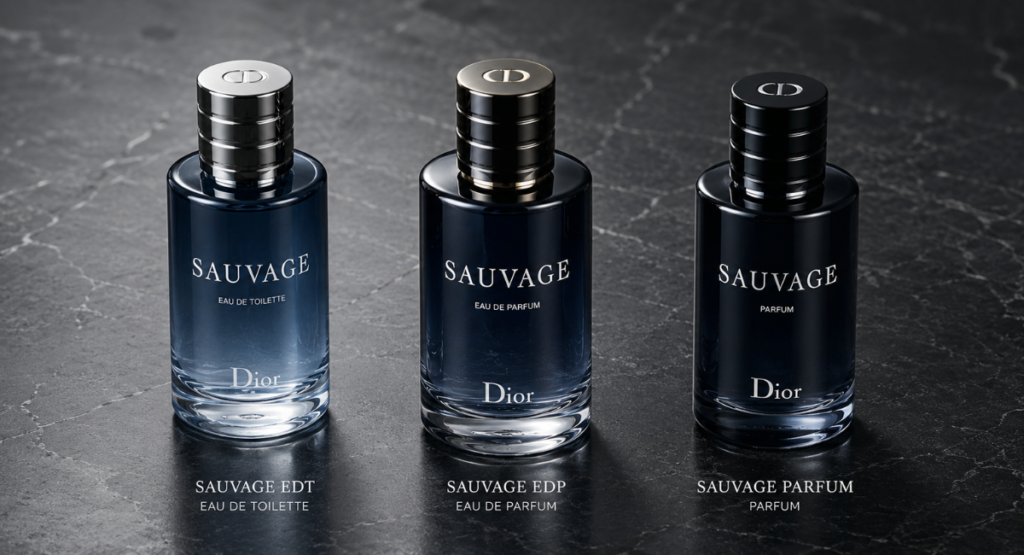 Dior Sauvage EDP vs EDT vs Parfum bottles side by side comparison