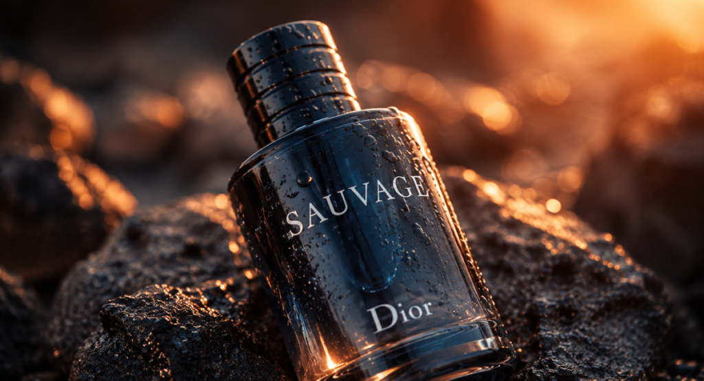 Close-up of Dior Sauvage EDT bottle on rocky surface at sunset
