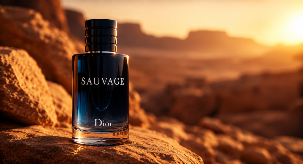 Dior Sauvage EDT bottle on desert rocks at golden hour
