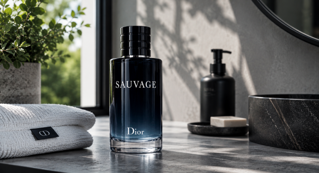 Dior Sauvage EDT bottle on a luxury bathroom vanity
