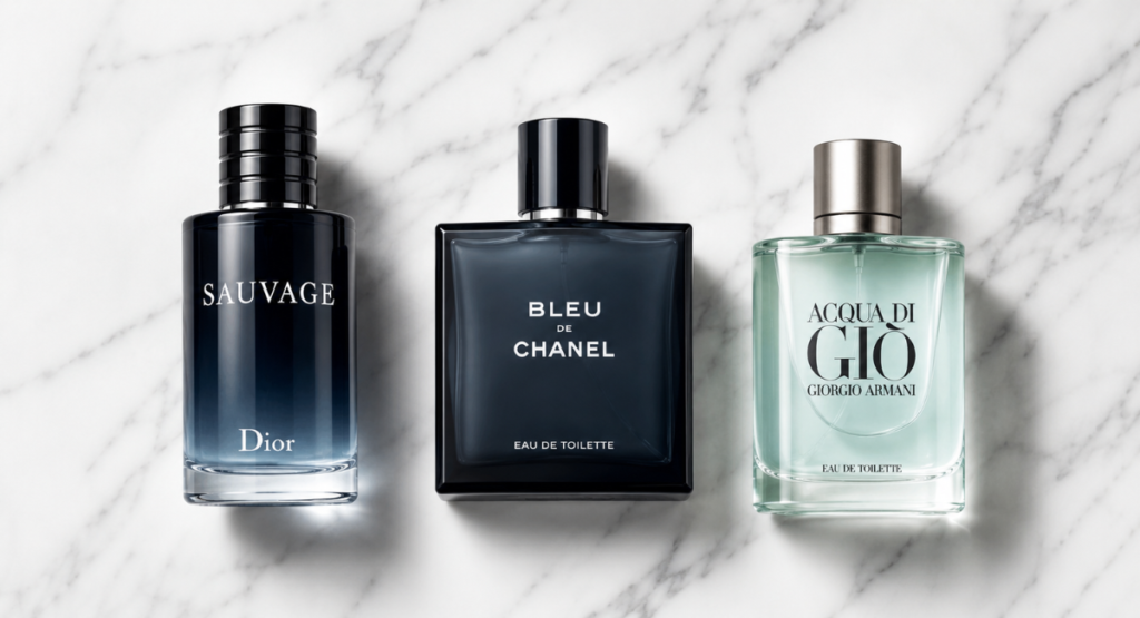 Dior Sauvage EDT vs Bleu de Chanel vs Acqua di Gio bottles side by side
