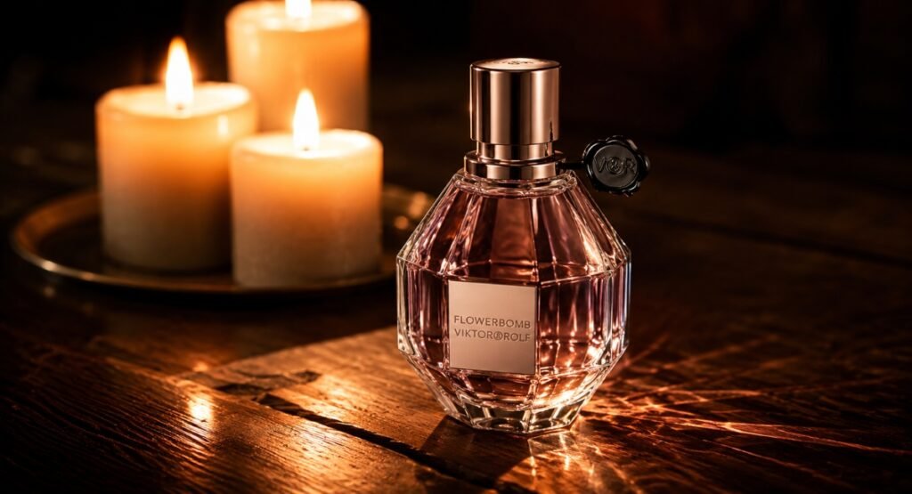 Flowerbomb EDP diamond bottle glowing in amber candlelight on dark surface — luxury fragrance photo
