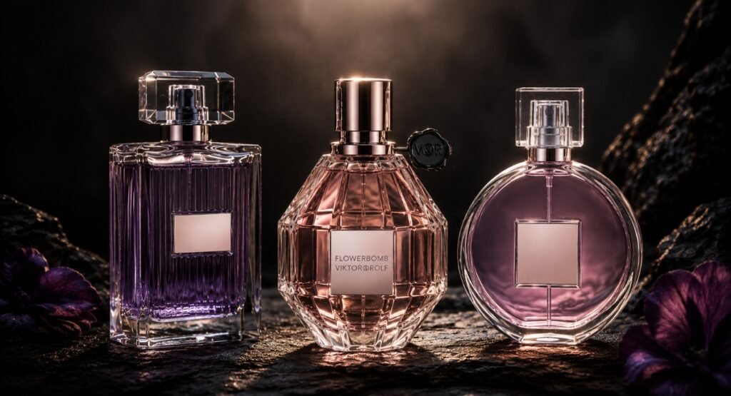 Flowerbomb EDP next to YSL Black Opium and Lancôme La Vie Est Belle bottles on dark stone
