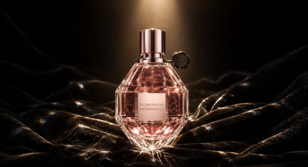Viktor Rolf Flowerbomb EDP bottle on black velvet with golden light — premium fragrance review
