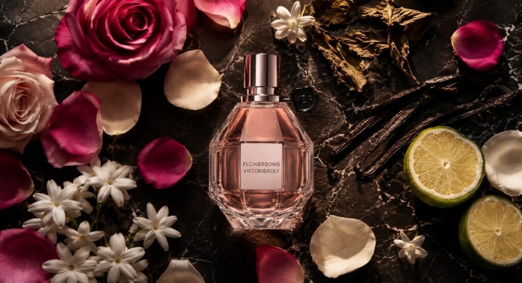 Flowerbomb EDP fragrance notes flat lay — rose petals, jasmine, patchouli, vanilla on dark marble
