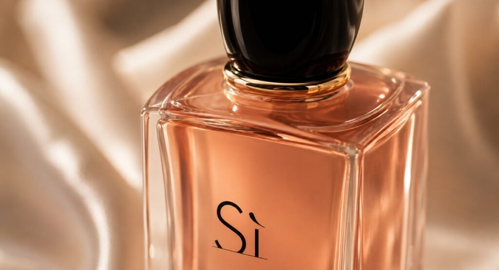Close-up of Giorgio Armani Sì EDP bottle cap and gold detailing against soft blurred background

