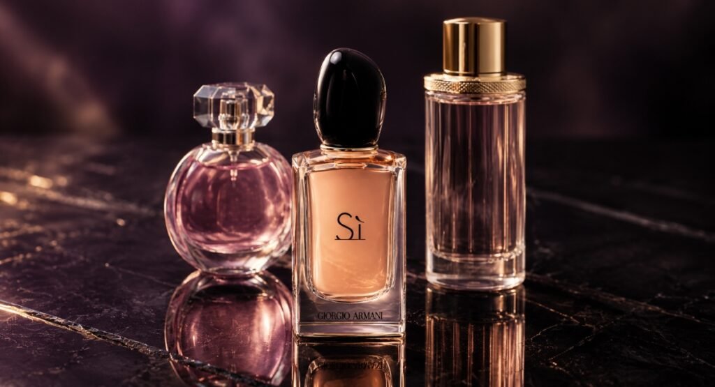 Giorgio Armani Sì EDP next to Lancôme La Vie Est Belle and Chanel Chance Eau Tendre bottles for comparison
