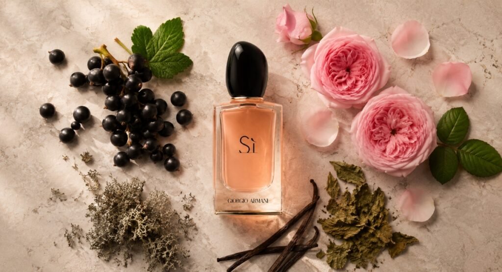 Flat lay of Giorgio Armani Sì EDP fragrance notes including blackcurrant, rose and patchouli
