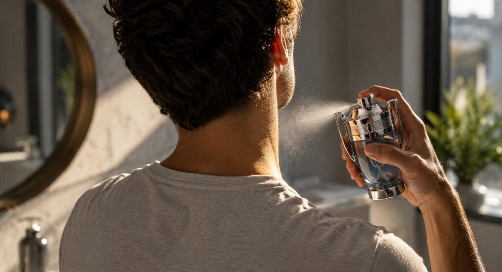 Man applying Invictus EDT Paco Rabanne cologne spray for performance and longevity test