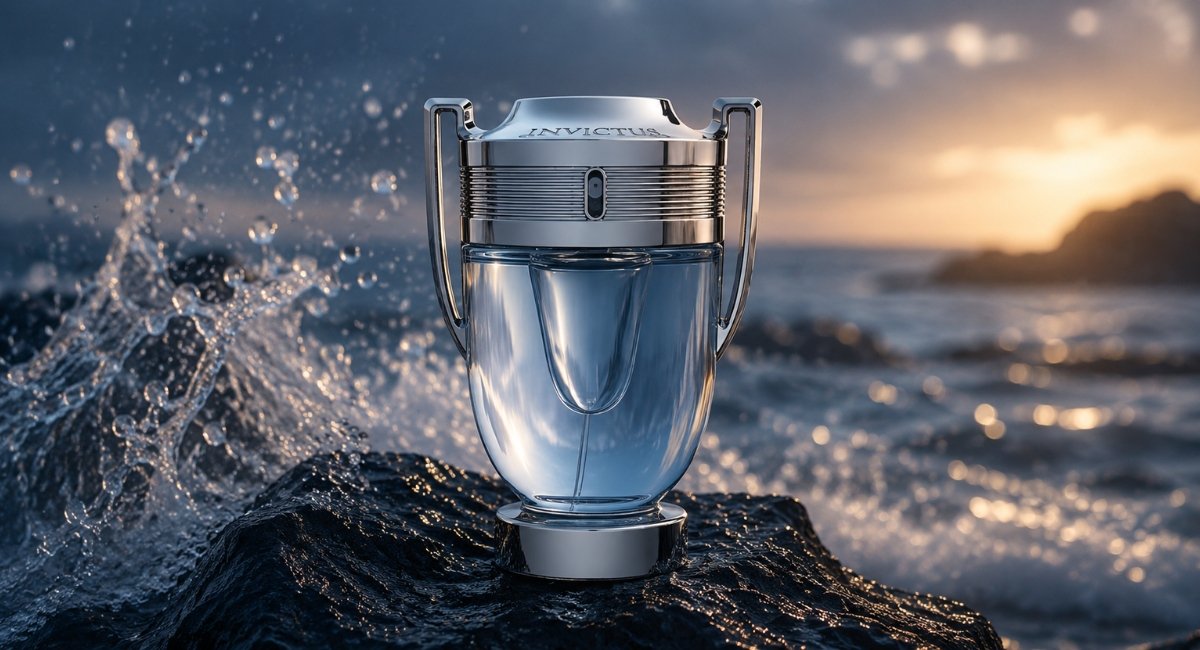 Invictus EDT by Paco Rabanne bottle on dark wet rock with ocean spray, review 2026