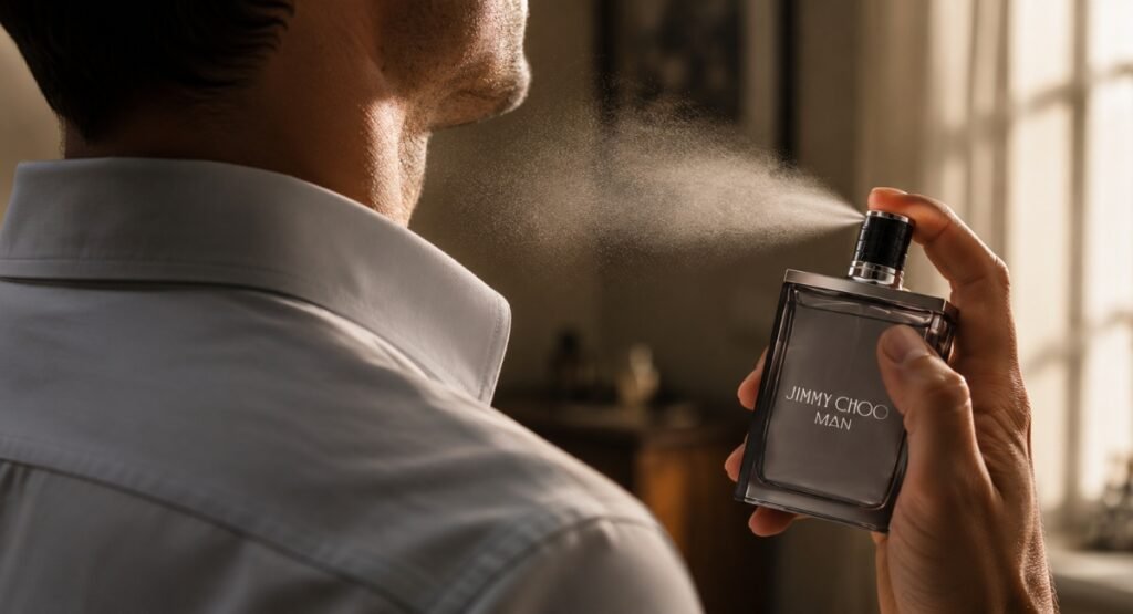 Man applying Jimmy Choo Man EDT cologne spray for office safe fragrance