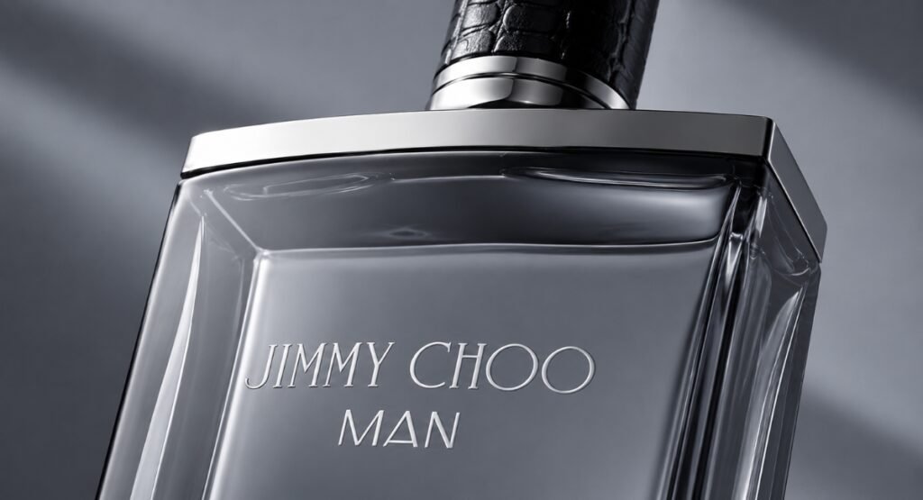 Close-up of Jimmy Choo Man EDT bottle showing transparent glass design