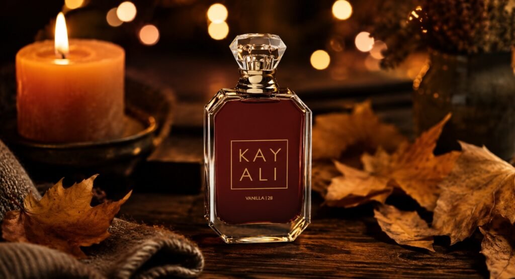 Kayali Vanilla 28 perfume on wooden table with autumn leaves candle and warm amber bokeh
