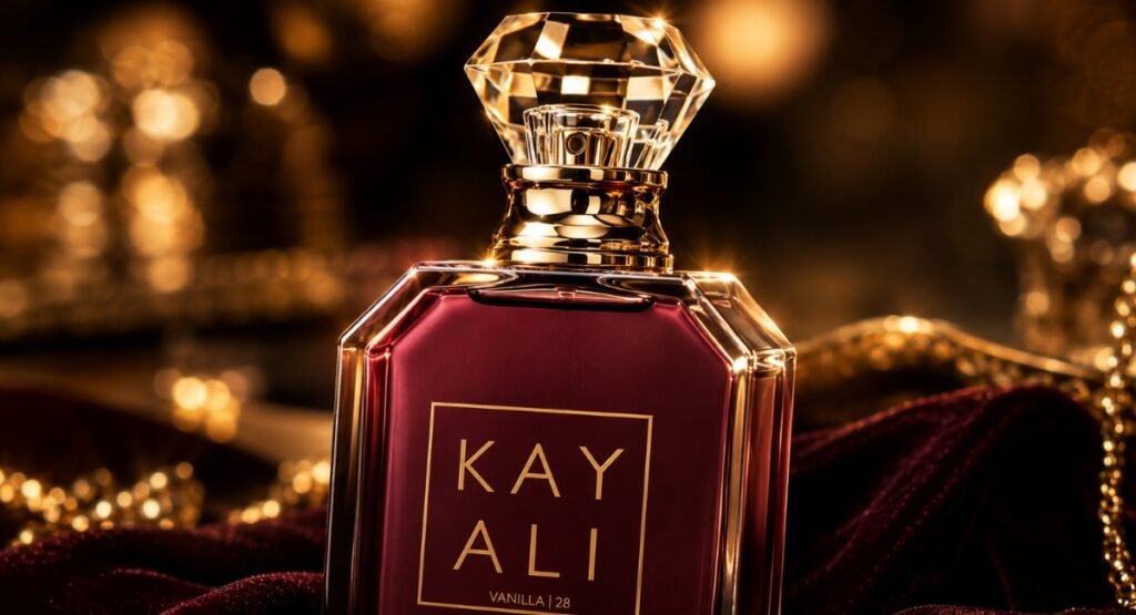 Kayali Vanilla 28 perfume bottle closeup showing faceted glass and diamond cap detail
