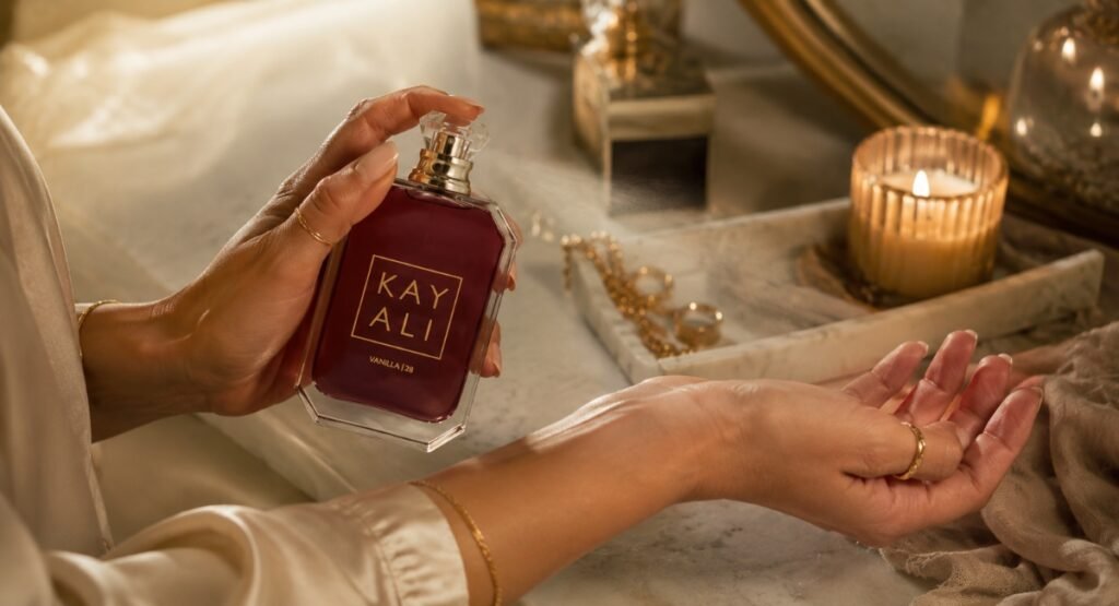 Elegant person applying Kayali Vanilla 28 perfume in a warmly lit golden vanity setting
