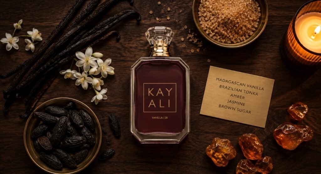 Kayali Vanilla 28 fragrance notes flatlay with vanilla pods tonka beans and amber resin
