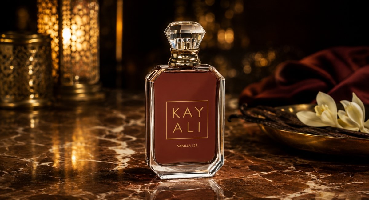 Kayali Vanilla 28 EDP bottle on dark amber surface with golden bokeh lighting