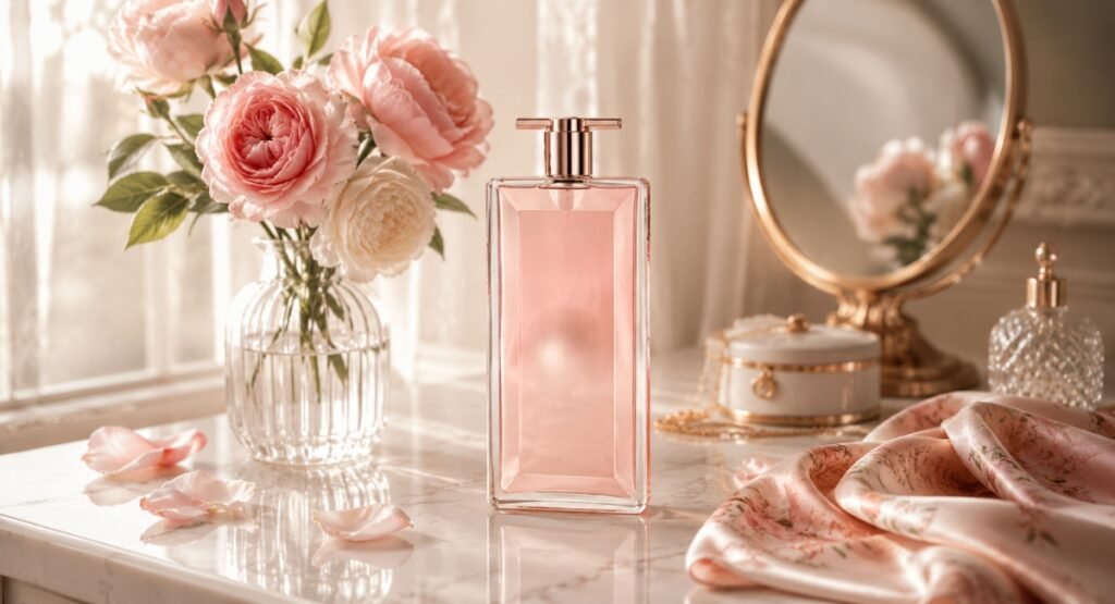 Lancome Idole EDP review flat refillable bottle on a marble vanity