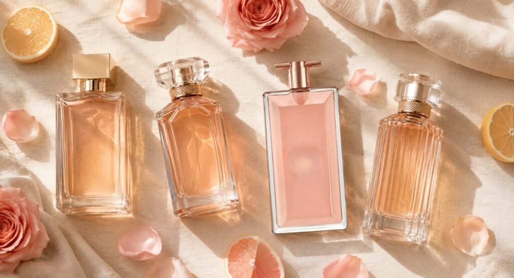 Lancome Idole EDP review comparison flatlay next to rival rose perfumes