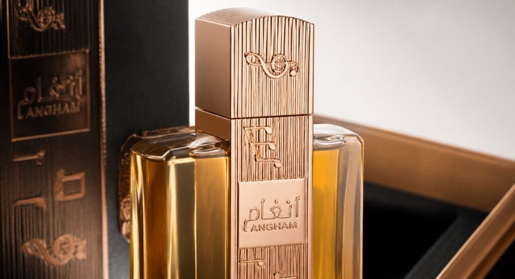 Lattafa Angham EDP bottle gold rose design elegant packaging close up detail photo
