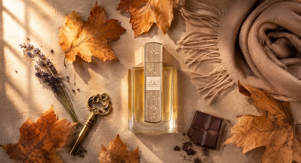 Lattafa Angham EDP flatlay autumn leaves gold accessories final verdict perfume review 2026
