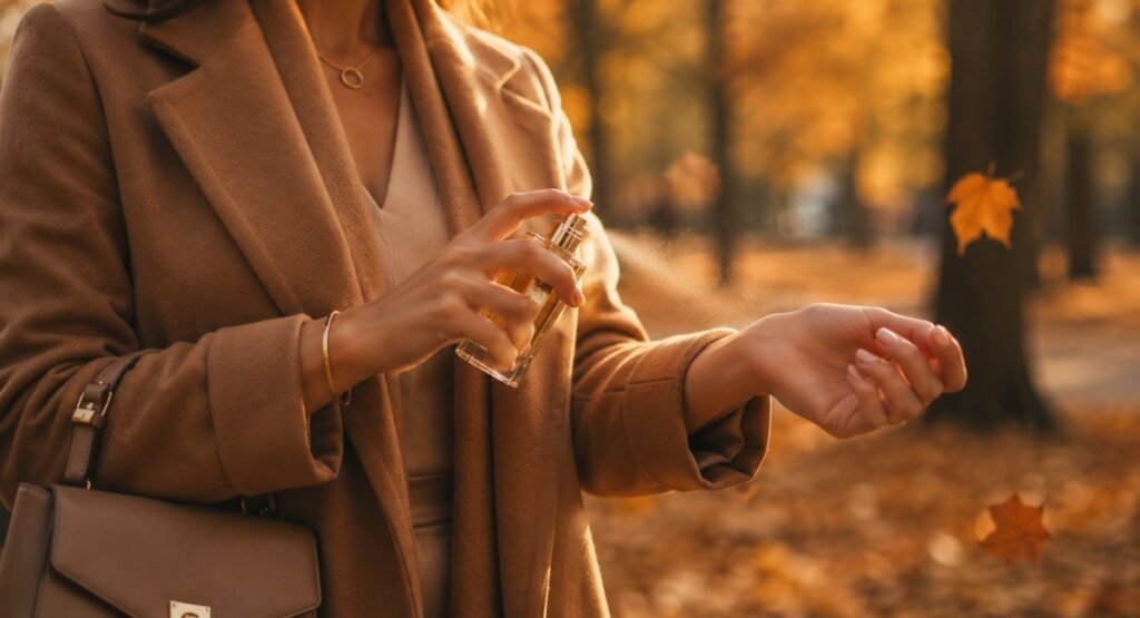 Elegant woman wearing Lattafa Angham perfume autumn evening outfit quiet luxury lifestyle photo

