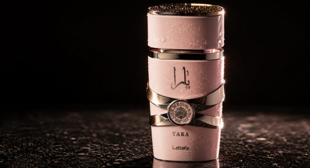 Lattafa Yara EDP pink glass bottle with gold accents product close-up