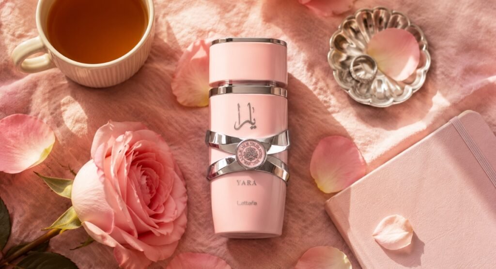 Feminine perfume lifestyle flatlay lattafa yara edp spring morning aesthetic