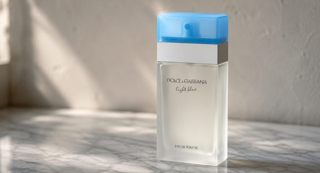 Dolce Gabbana Light Blue EDT Women frosted glass bottle with baby blue cap close up detail 2026
