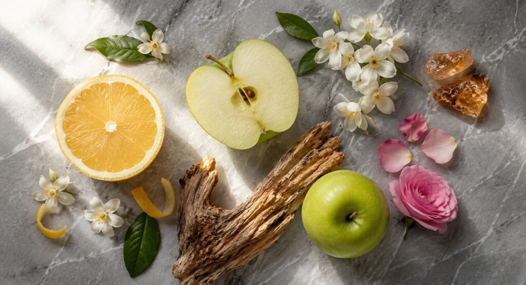 Light Blue EDT Women fragrance note ingredients lemon apple jasmine cedar on stone surface 2026
