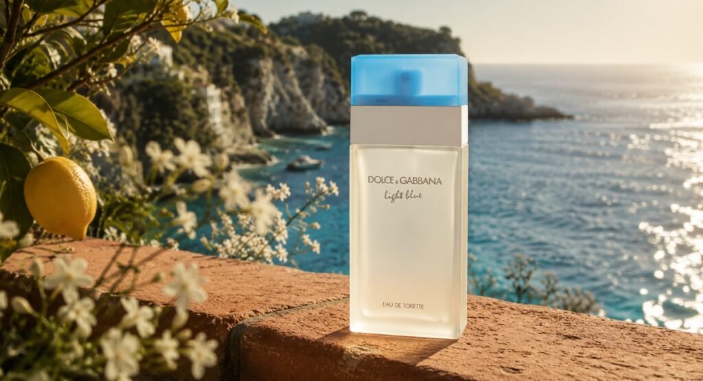 Light Blue EDT Women lifestyle perfume bottle Mediterranean summer beach citrus mood 2026
