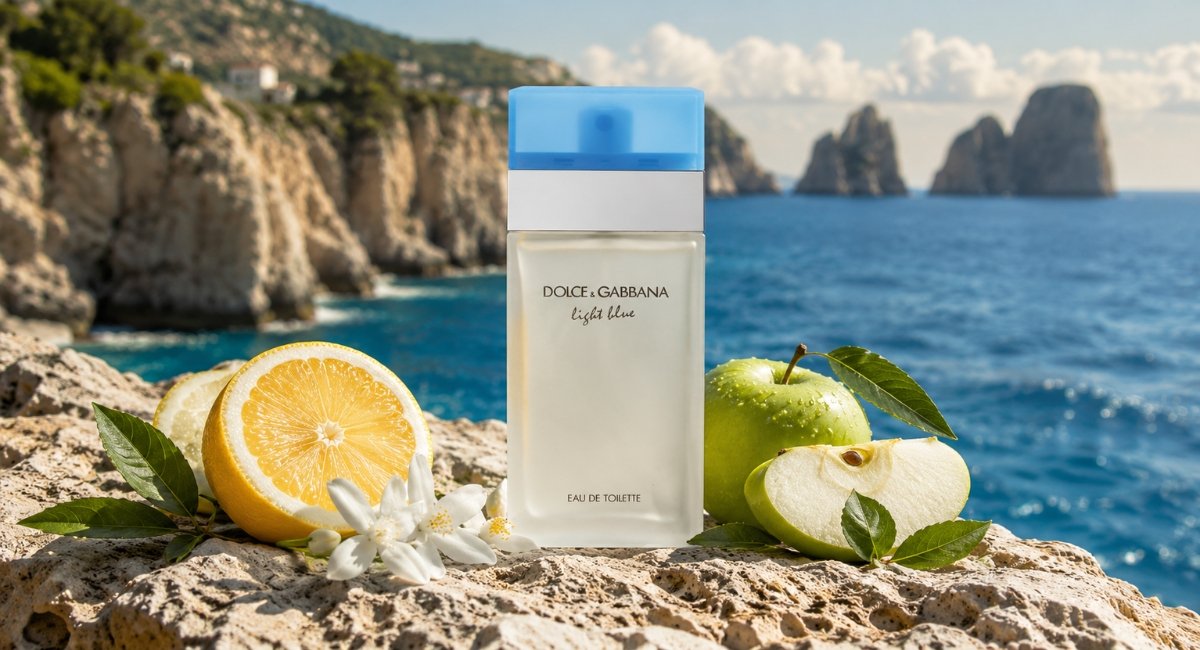 Dolce Gabbana Light Blue EDT Women perfume bottle on Mediterranean stone with citrus fruits