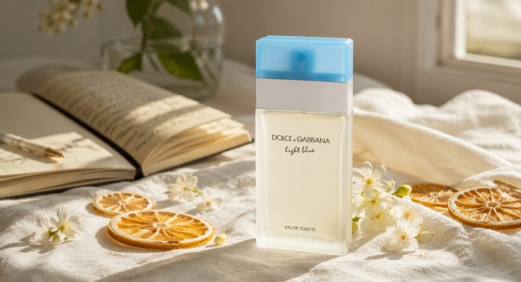 Light Blue EDT Women perfume bottle warm sunlight vanity aesthetic social proof mood 2026
