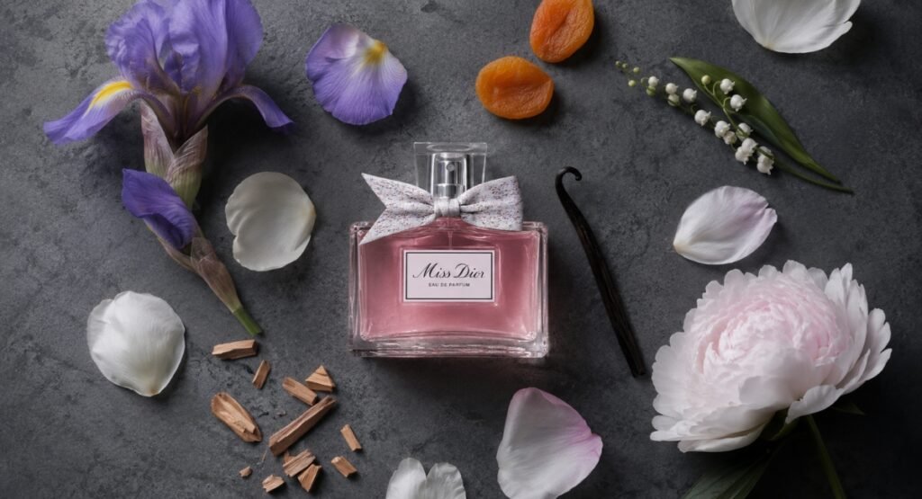 Miss Dior EDP fragrance notes displayed with iris flowers, peony and rose on stone surface
