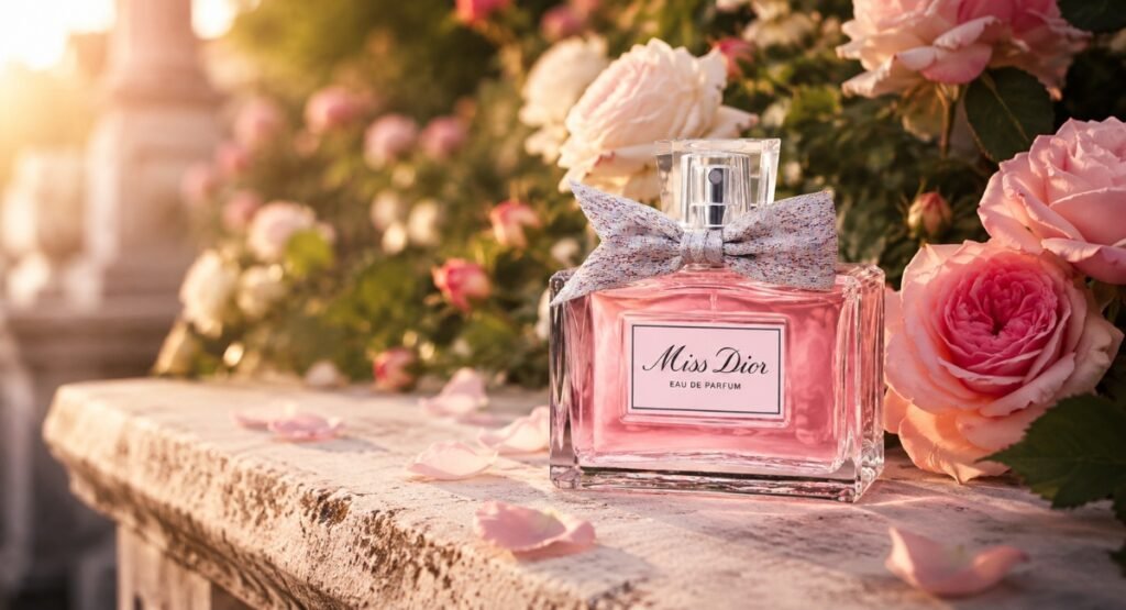 Miss Dior EDP bottle in a spring garden setting with soft sunlight and blush roses
