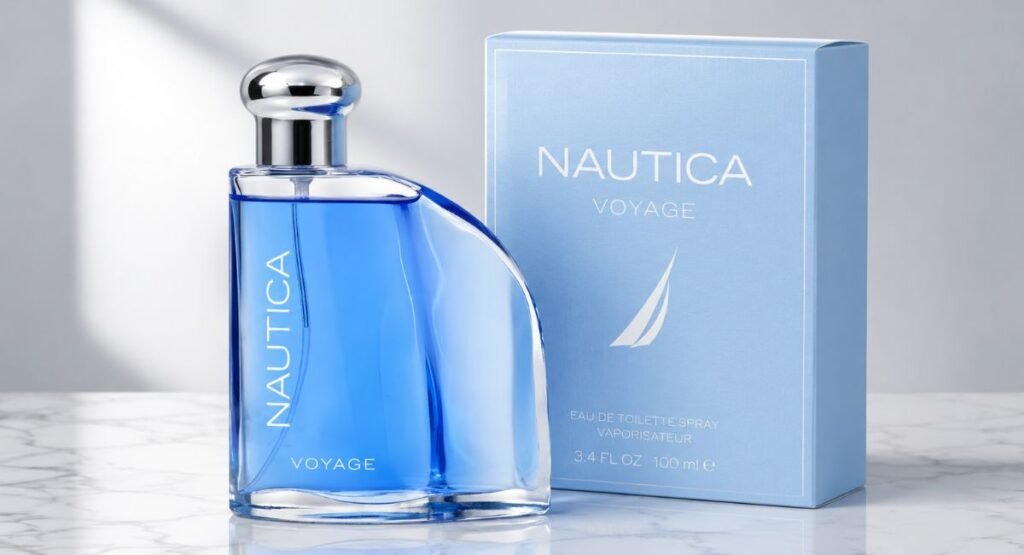 Close-up of the Nautica Blue EDT flask-shaped bottle and pale blue retail box