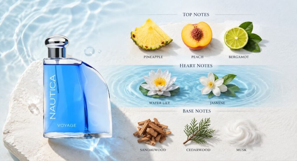 Nautica Blue EDT fragrance notes pyramid with pineapple, water lily, and cedar