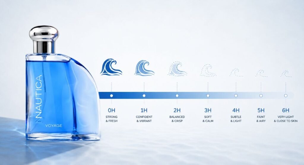 Timeline infographic showing Nautica Blue EDT longevity and sillage fading over six hours