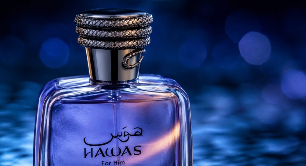 Rasasi Hawas EDP bottle close-up with bokeh background and soft dramatic lighting
