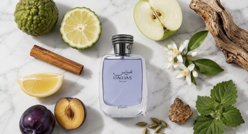 Rasasi Hawas EDP fragrance notes — bergamot, apple, plum, ambergris flat lay on marble

