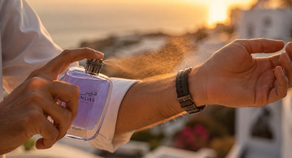 Rasasi Hawas EDP being sprayed on a man's wrist in an outdoor summer setting 