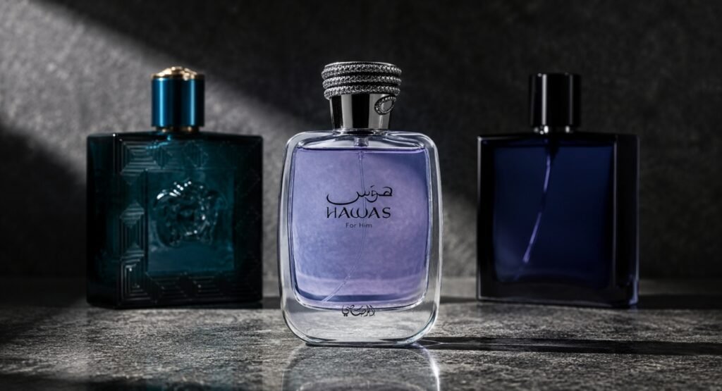 Rasasi Hawas EDP bottle next to Versace Eros and Paco Rabanne Invictus on a dark marble surface
