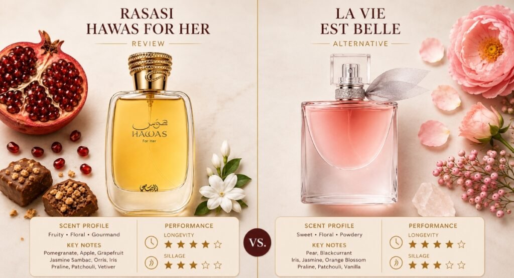 Side-by-side comparison of Rasasi Hawas for Her review bottle with La Vie Est Belle alternative
