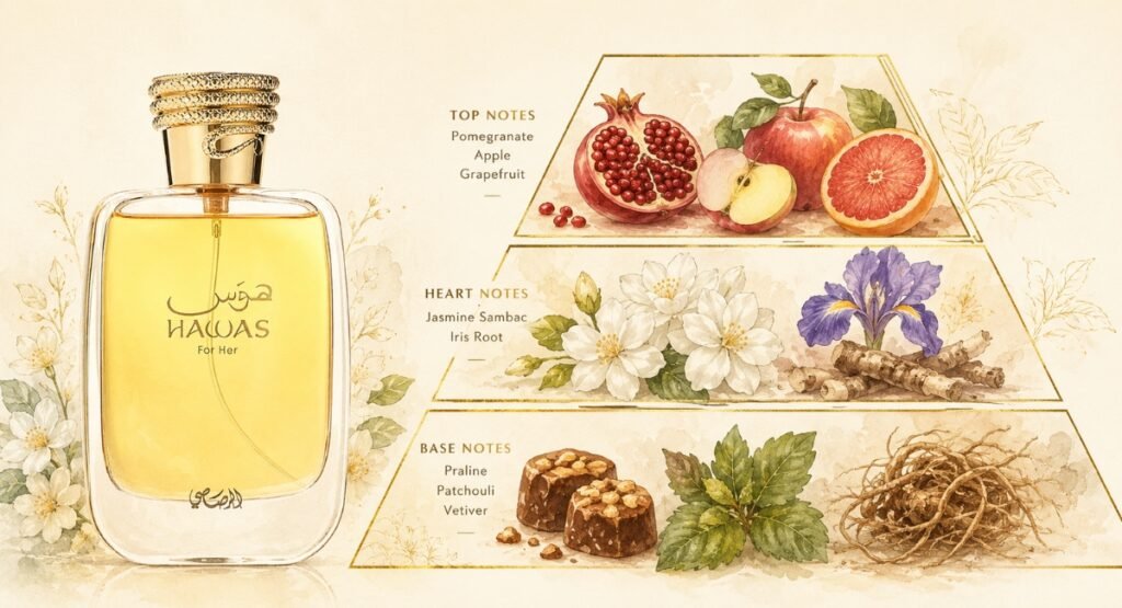 Fragrance notes pyramid for Rasasi Hawas for Her review showing pomegranate jasmine and praline
