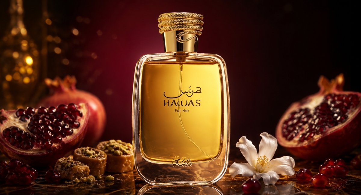 Rasasi Hawas for Her review bottle on golden backdrop with pomegranate and praline