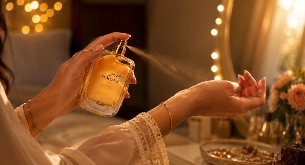 Woman applying Rasasi Hawas for Her perfume on wrist during evening getting-ready routine
