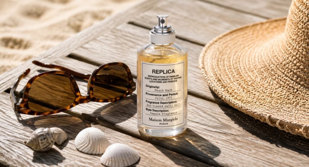 Replica Beach Walk EDT bottle beside sunglasses and seashells in warm sunlight

